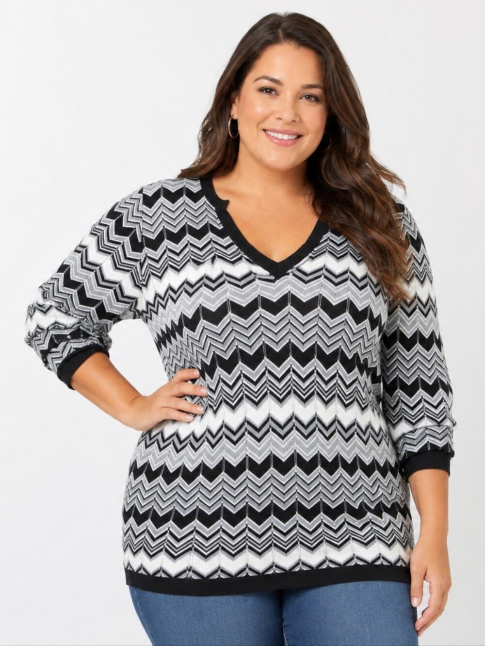 Charter Club Plus Womens 1X Sheer Chevron V-Neck Sweater Lightweight Knit Top